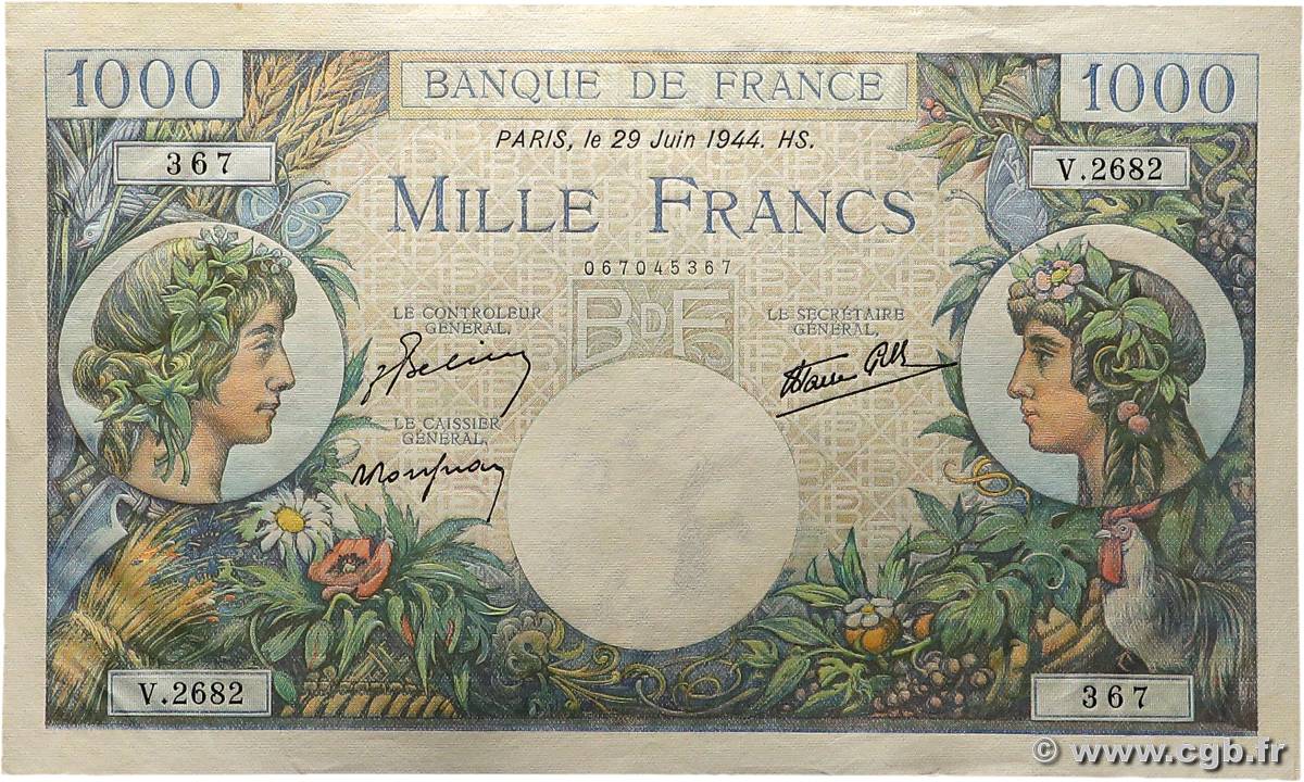 1000 Francs COMMERCE ET INDUSTRIE FRANCE  1944 F.39.09 XF