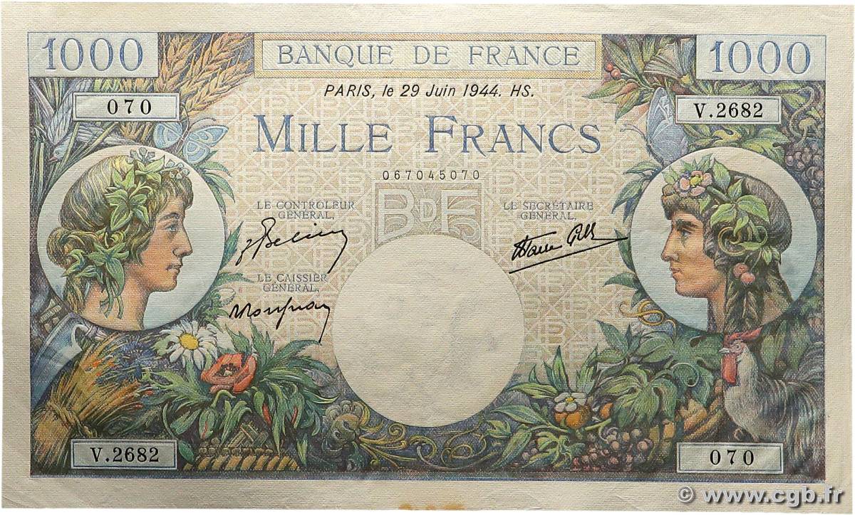 1000 Francs COMMERCE ET INDUSTRIE FRANCIA  1944 F.39.09 SC
