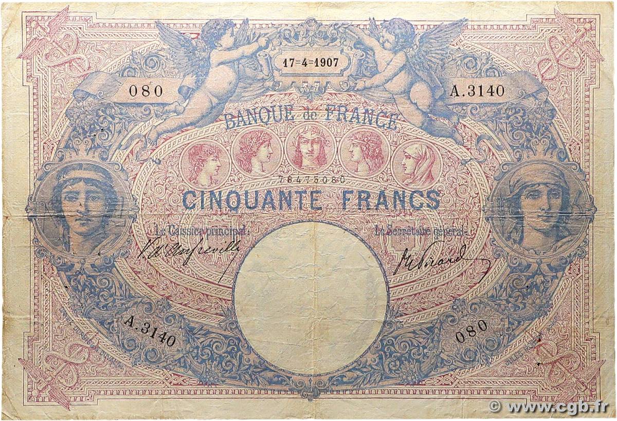50 Francs BLEU ET ROSE FRANCE  1907 F.14.20 F-