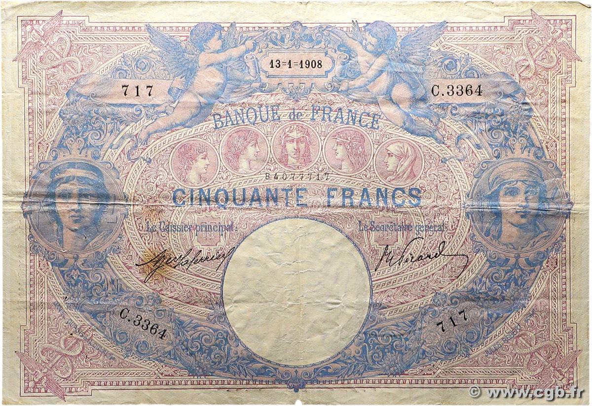 50 Francs BLEU ET ROSE FRANCIA  1908 F.14.21 BC+