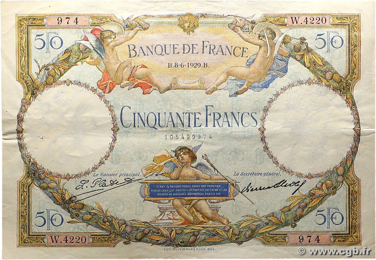 50 Francs LUC OLIVIER MERSON FRANCE  1929 F.15.03 VF