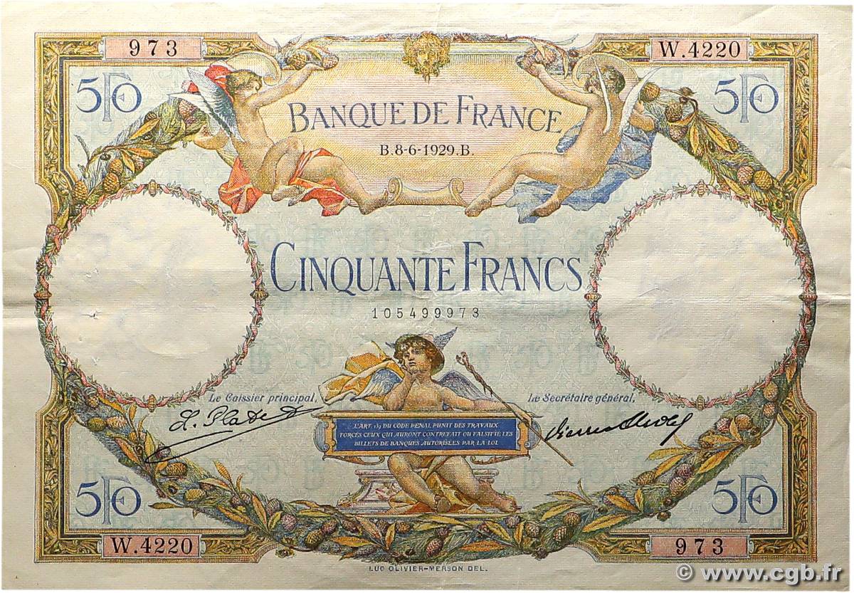 50 Francs LUC OLIVIER MERSON FRANCIA  1929 F.15.03 MBC