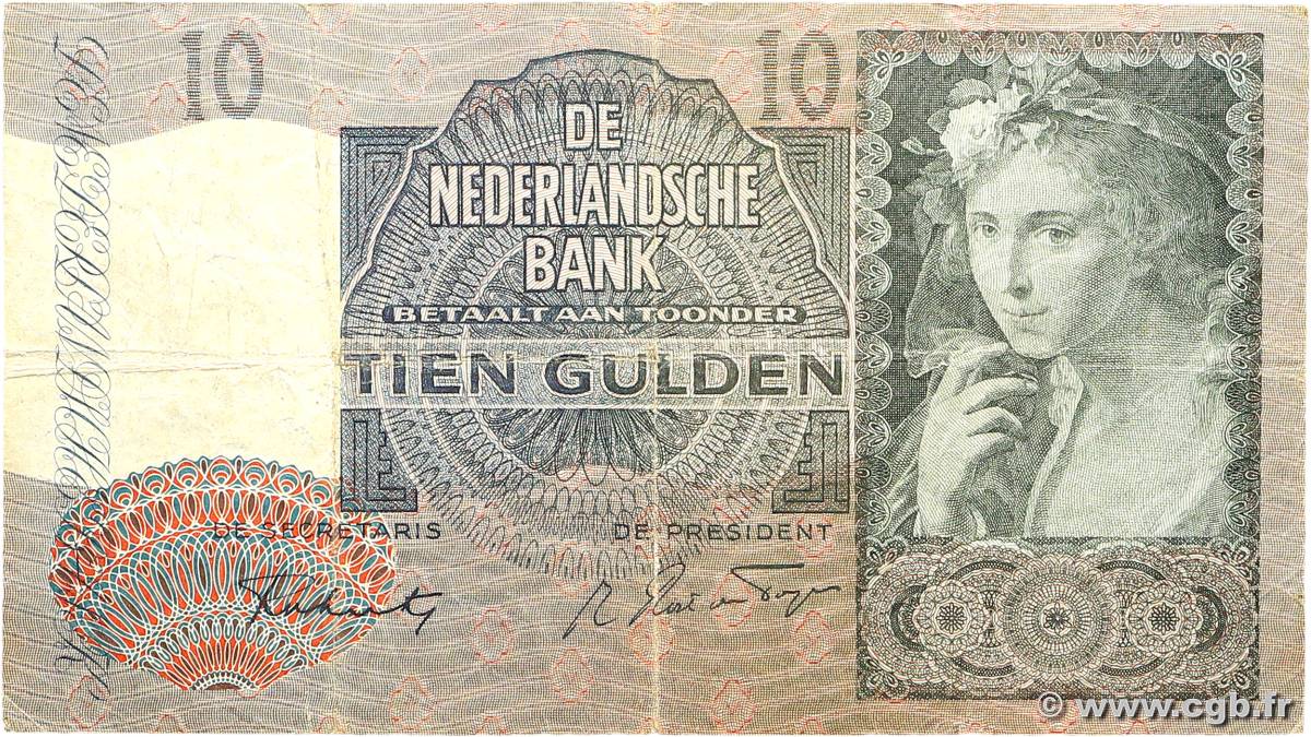 10 Gulden NETHERLANDS  1942 P.056b VG