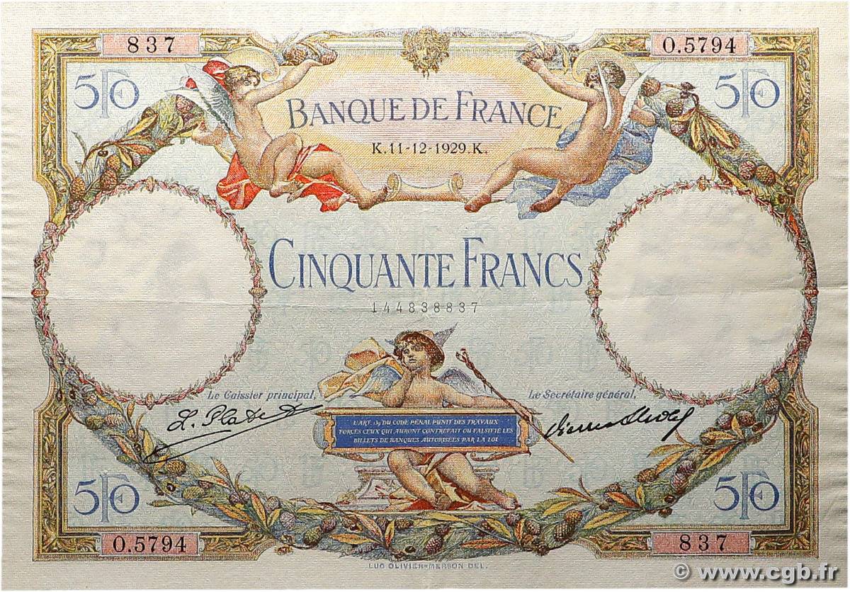 50 Francs LUC OLIVIER MERSON FRANCE  1929 F.15.03 VF