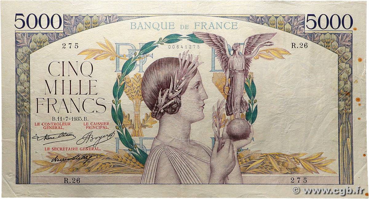 5000 Francs VICTOIRE Taille Douce FRANCE  1935 F.44.03 TB+