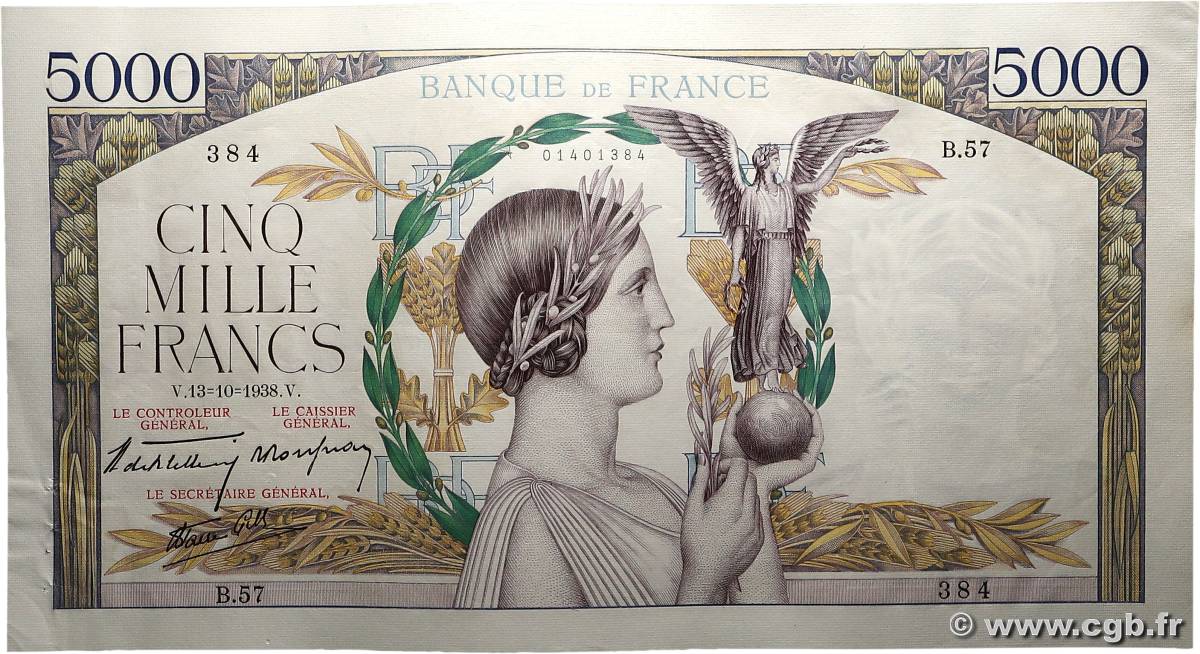 5000 Francs VICTOIRE modifié, taille douce FRANCE  1938 F.45.01 XF+