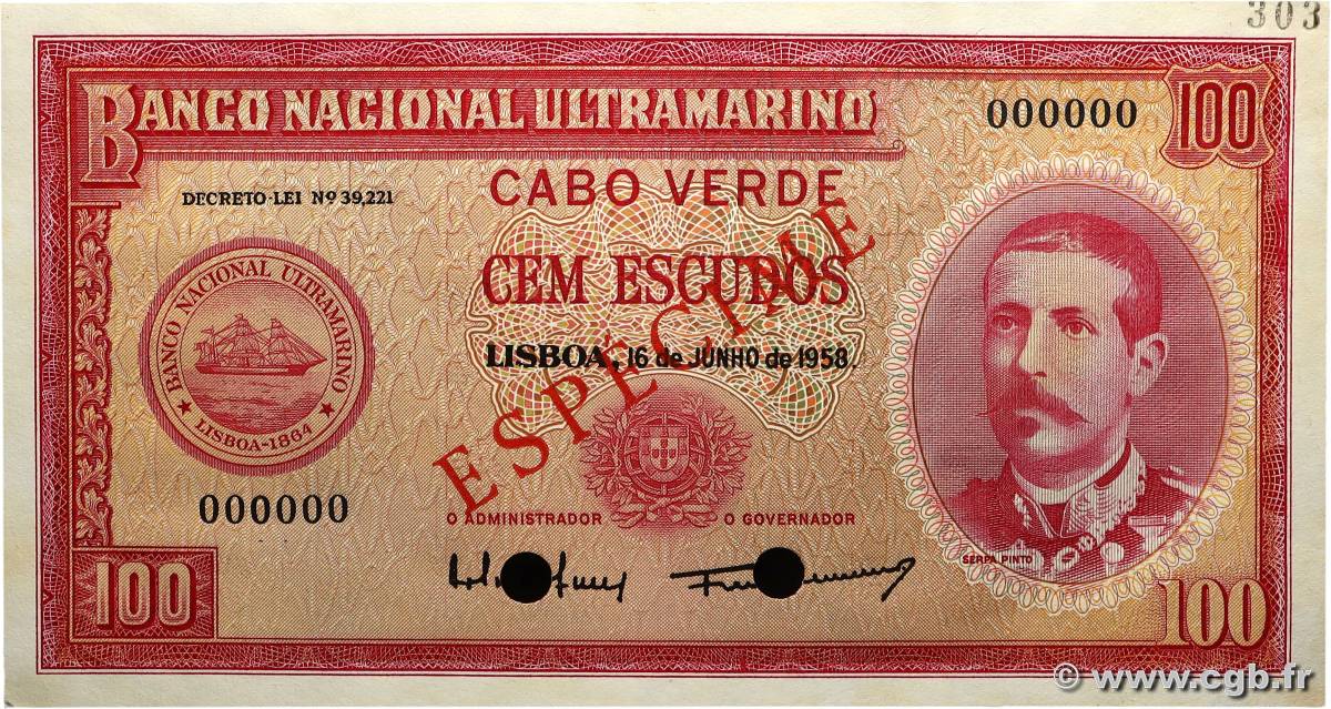 100 Escudos Spécimen CAPO VERDE  1958 P.49s q.FDC
