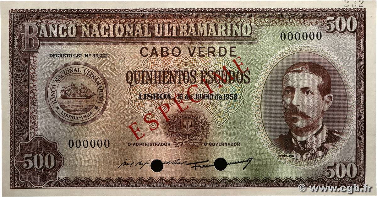 500 Escudos Spécimen CAPO VERDE  1958 P.50s FDC