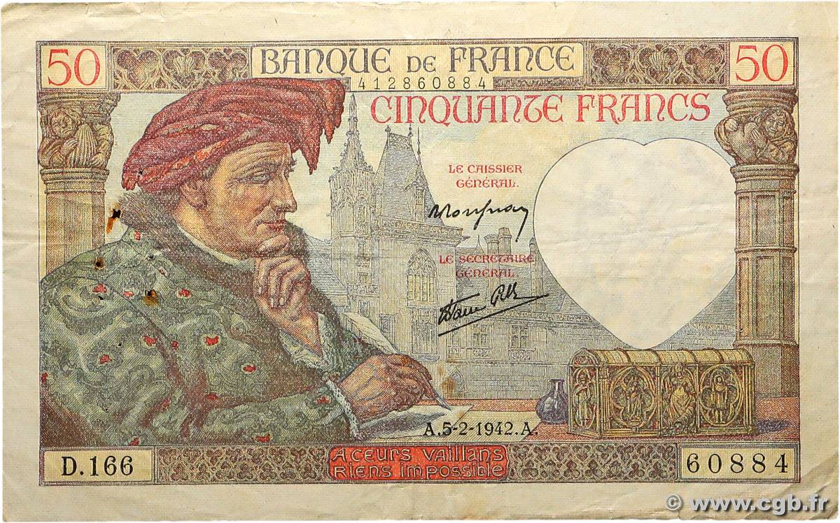 50 Francs JACQUES CŒUR FRANCE  1942 F.19.19 F