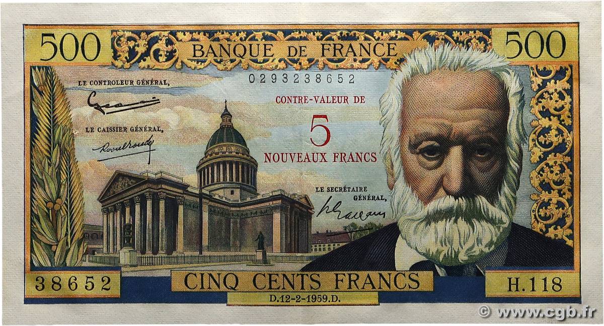 5 NF sur 500 Francs Victor HUGO FRANCE  1959 F.52.02 SUP+