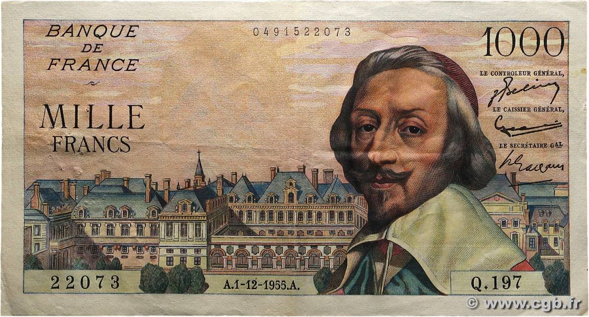 1000 Francs RICHELIEU FRANCE  1955 F.42.17 TTB+