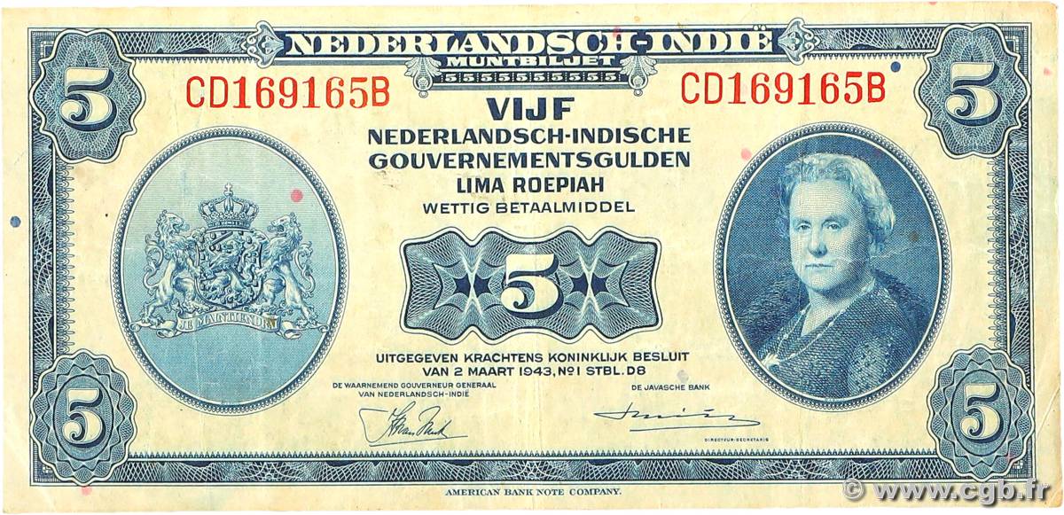 5 Gulden NETHERLANDS INDIES  1943 P.113a VF-