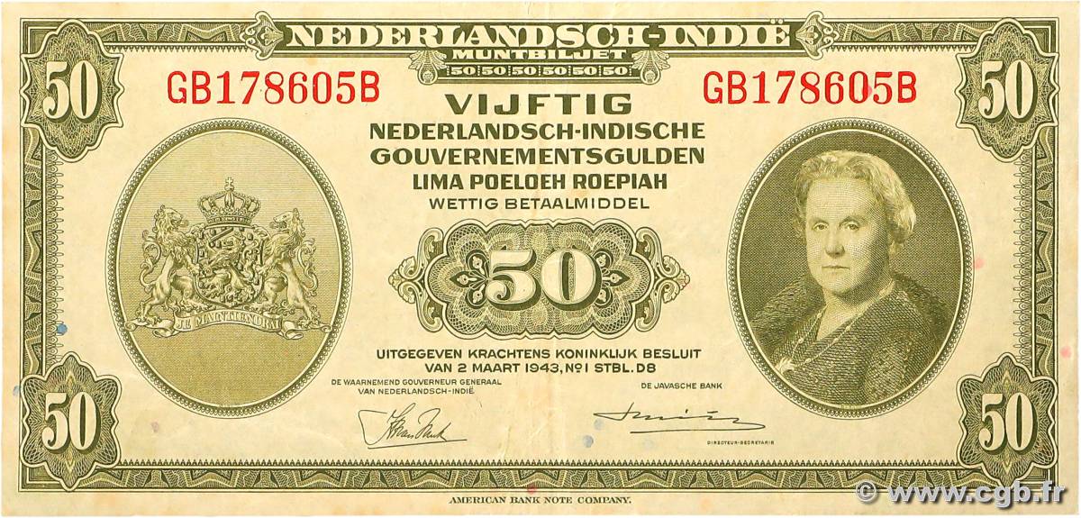 50 Gulden NETHERLANDS INDIES  1943 P.116a VF