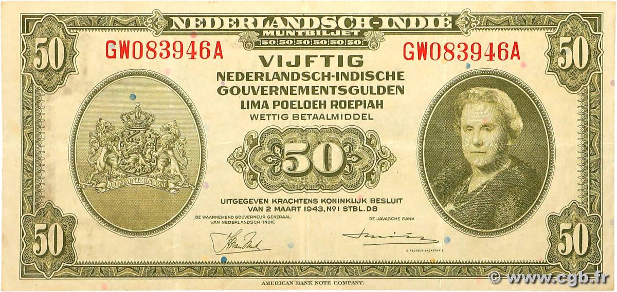 50 Gulden INDES NEERLANDAISES  1943 P.116a TTB