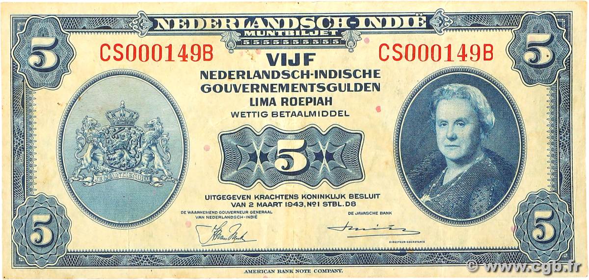 5 Gulden NETHERLANDS INDIES  1943 P.113a VF-