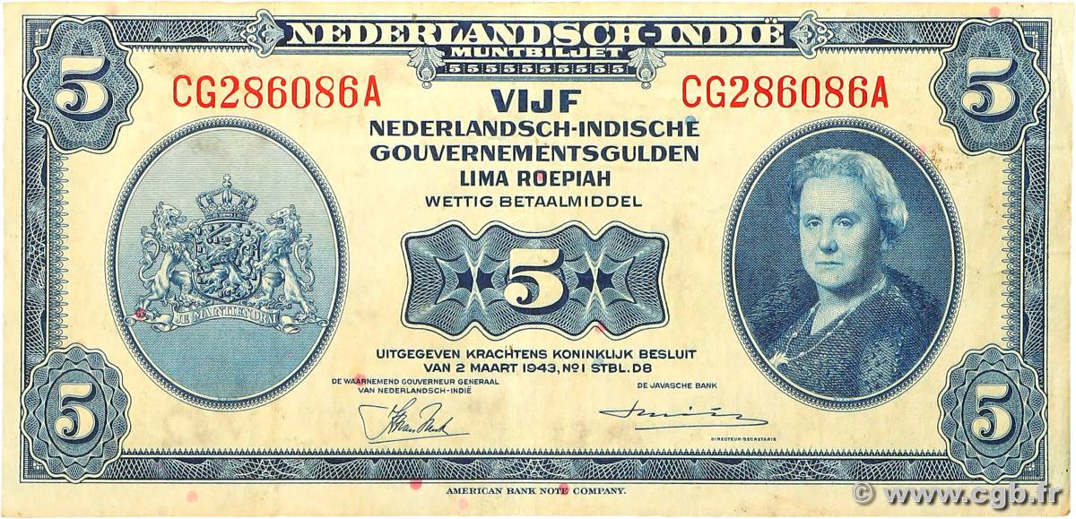 5 Gulden INDES NEERLANDAISES  1943 P.113a TTB