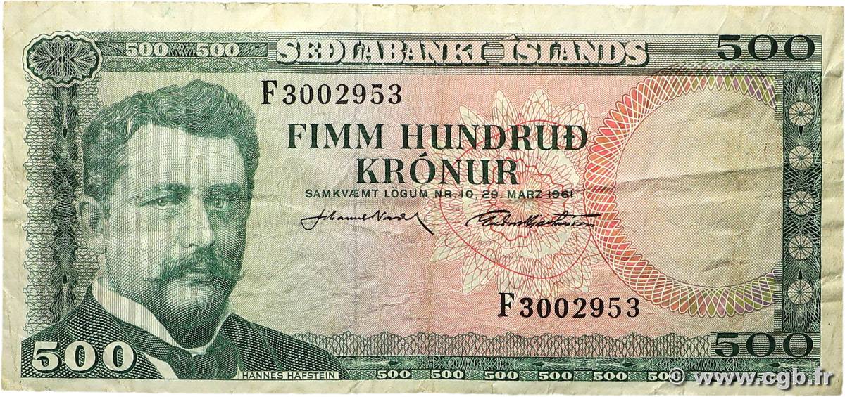 500 Kronur ICELAND  1961 P.45a F+