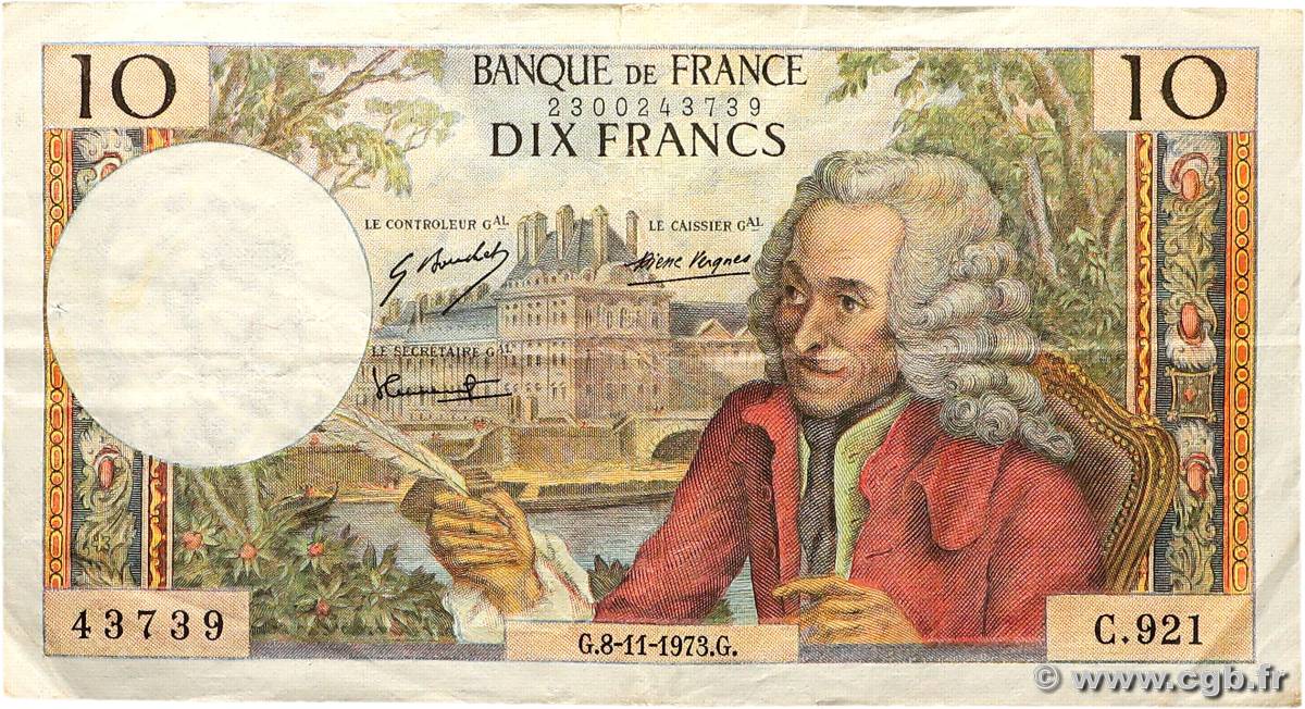 10 Francs VOLTAIRE FRANCE  1973 F.62.64 TB+