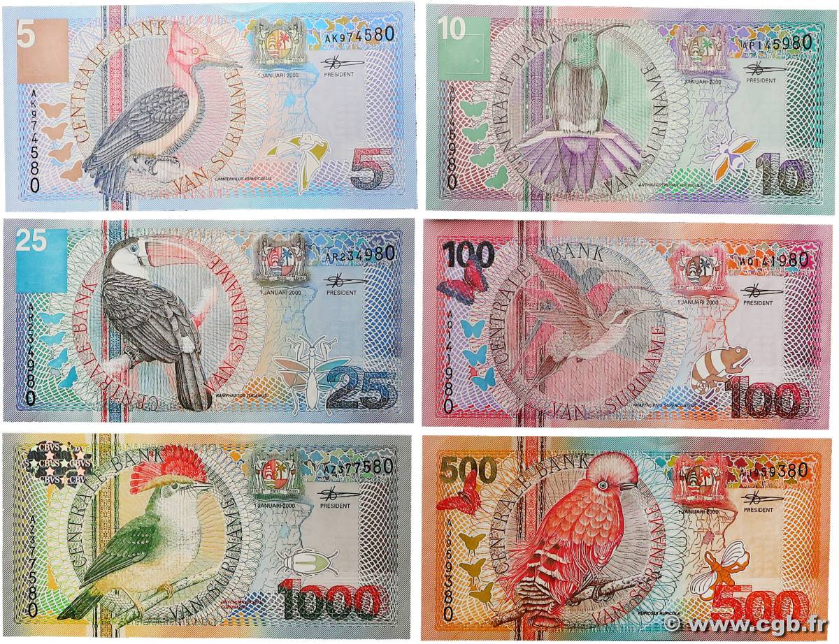 5 à 1000 Gulden Lot SURINAM  2000 P.146 à P.151 UNC
