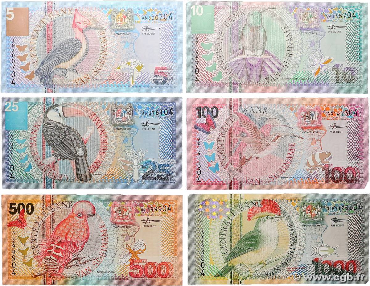 5 à 1000 Gulden Lot SURINAM  2000 P.146 à P.151 NEUF