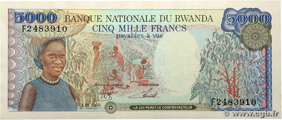 5000 Francs RUANDA  1988 P.22a AU+