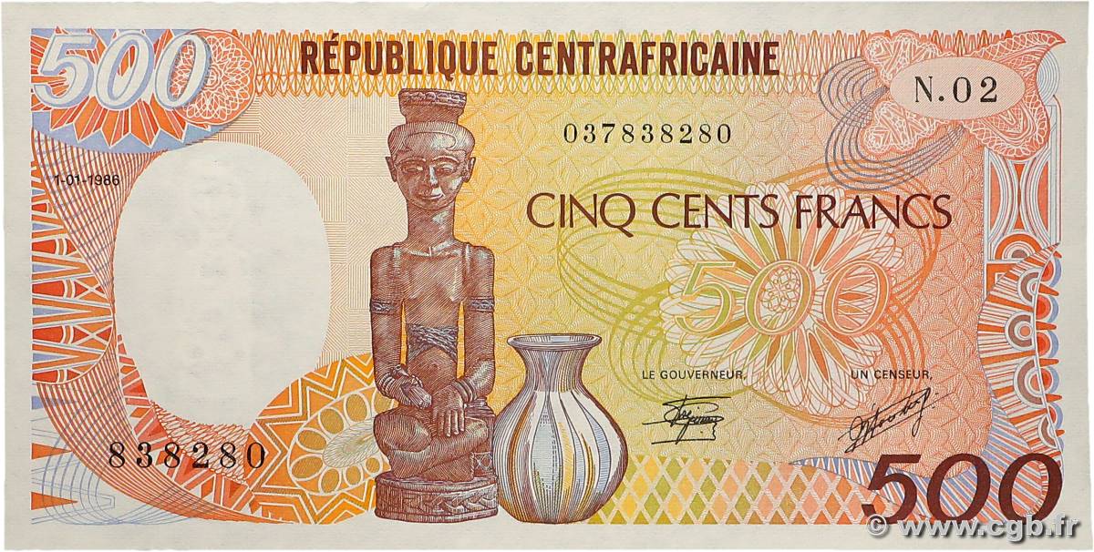 500 Francs type 1985 REPúBLICA CENTROAFRICANA  1986 A.193b FDC