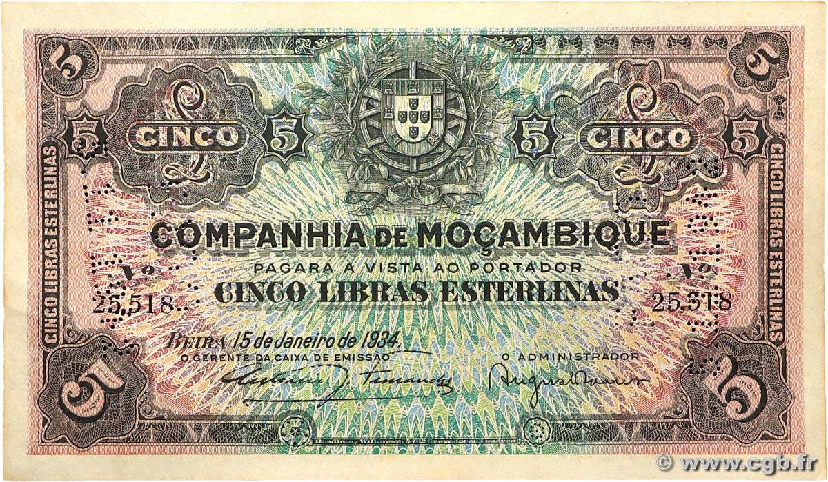 5 Libras MOZAMBIQUE Beira 1934 P.R32 AU