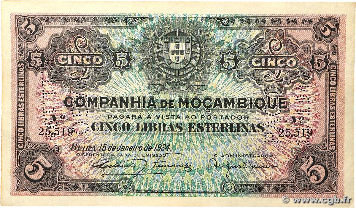 5 Libras MOZAMBIQUE Beira 1934 P.R32 AU