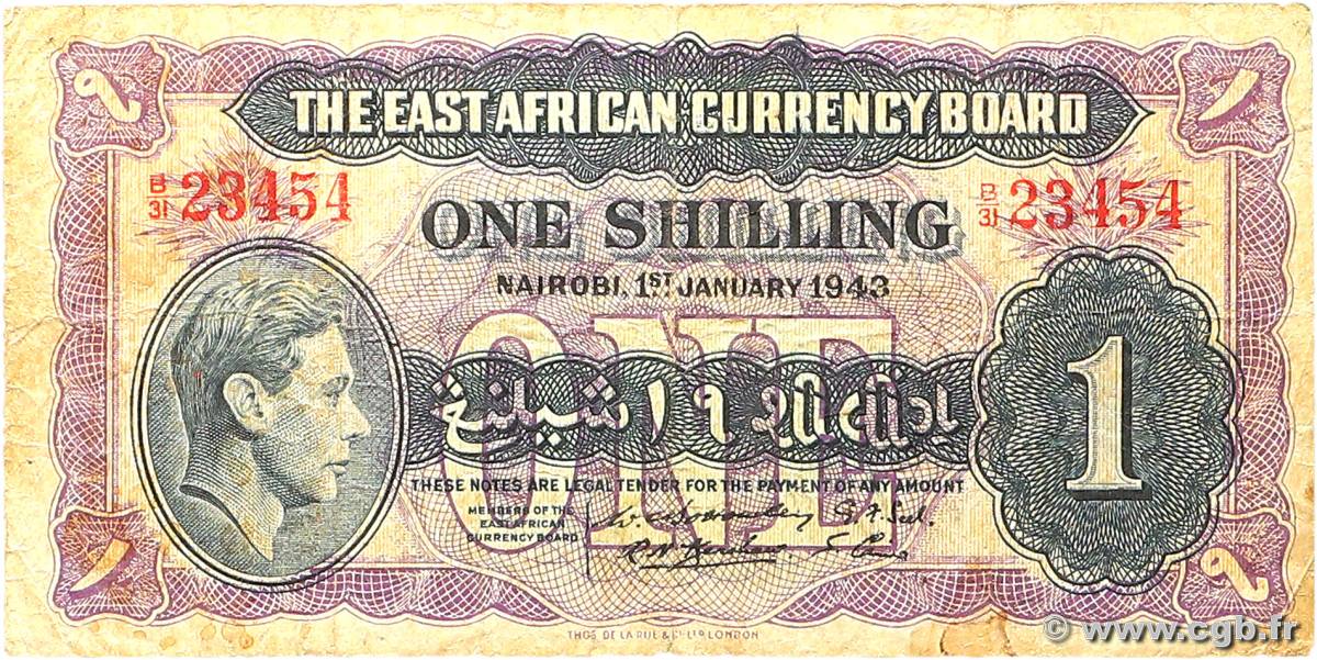 1 Shilling EAST AFRICA (BRITISH)  1943 P.27 VG