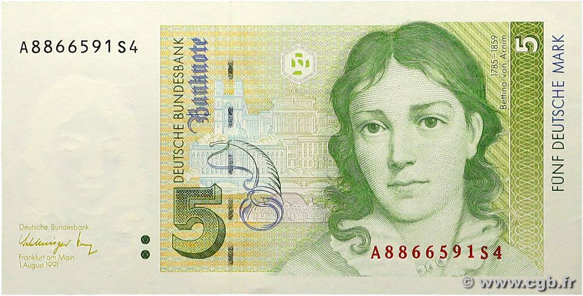 5 Deutsche Mark GERMAN FEDERAL REPUBLIC  1991 P.37 SC+