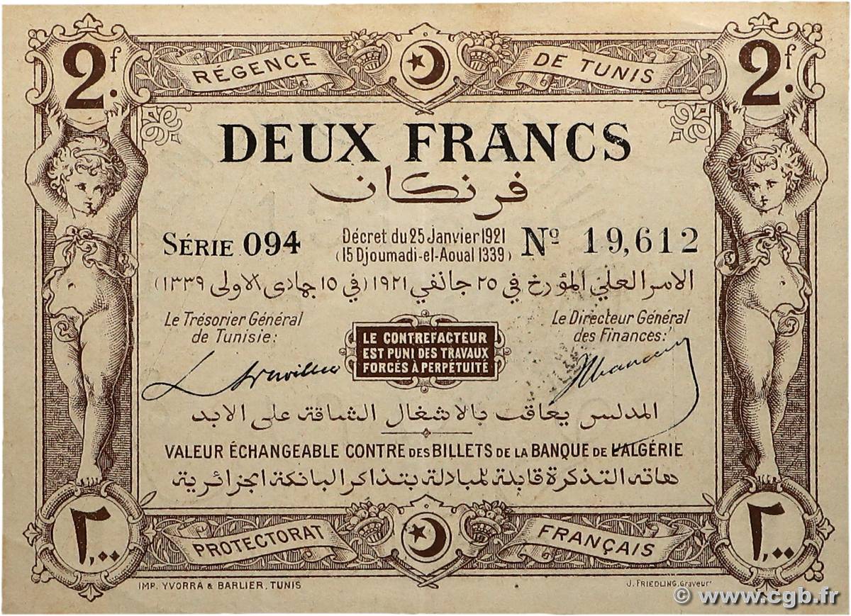 2 Francs TUNISIA  1921 P.53 q.AU