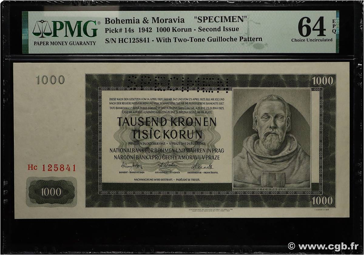 1000 Korun Spécimen BOHEMIA & MORAVIA  1942 P.14s UNC-
