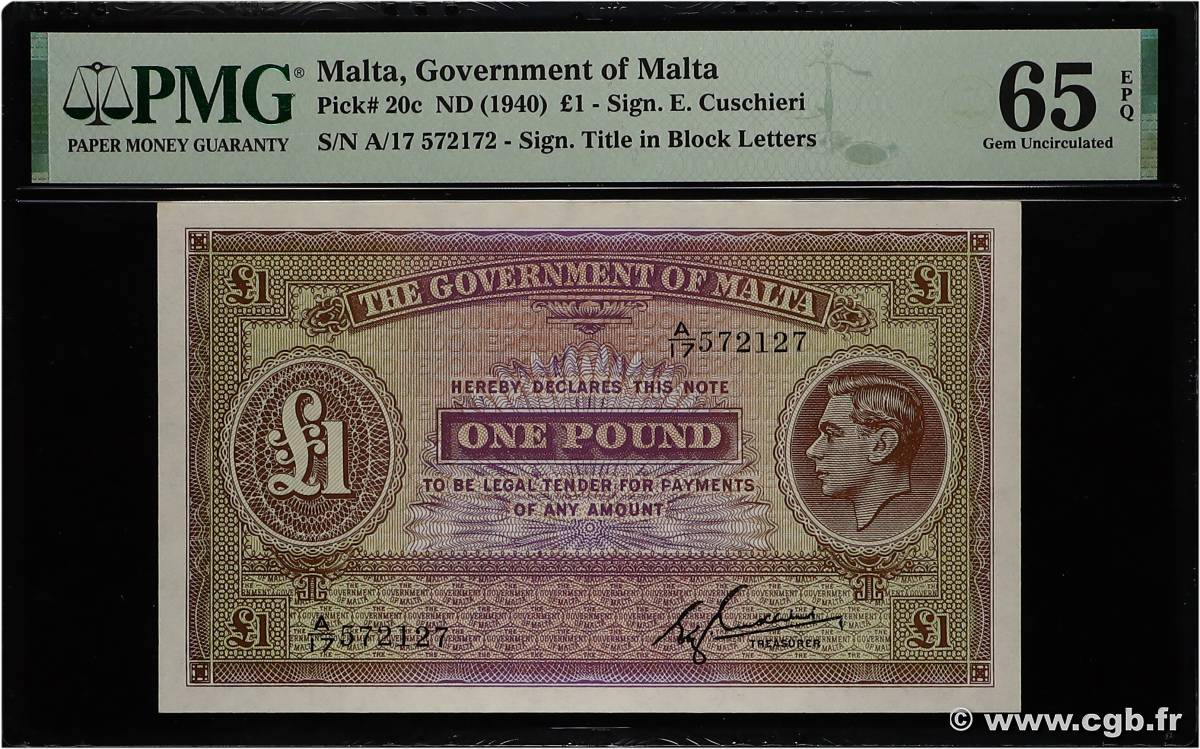 1 Pound MALTA  1940 P.20c UNC
