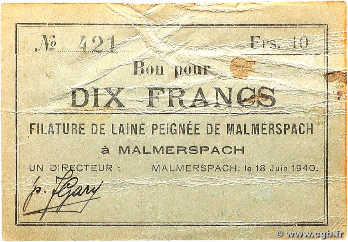10 Francs FRANCE régionalisme et divers Malmerspach 1940 BU.43.03 TB