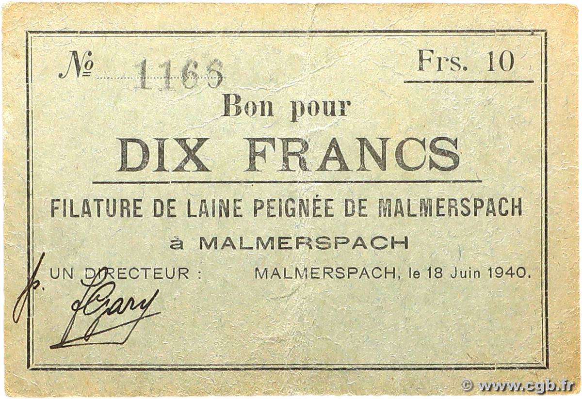 10 Francs FRANCE régionalisme et divers Malmerspach 1940 BU.43.03 TTB
