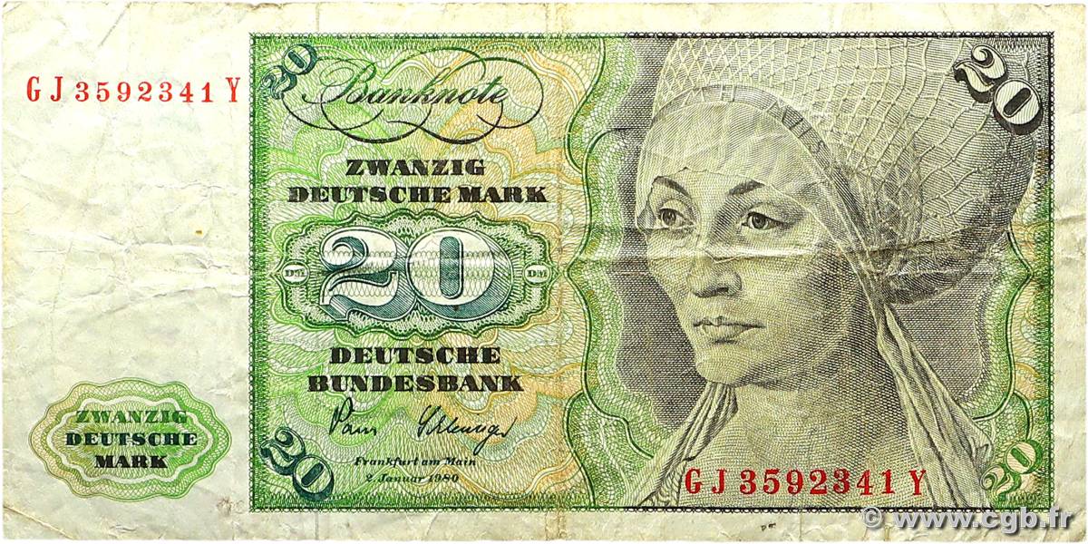 20 Deutsche Mark GERMAN FEDERAL REPUBLIC  1980 P.32d F