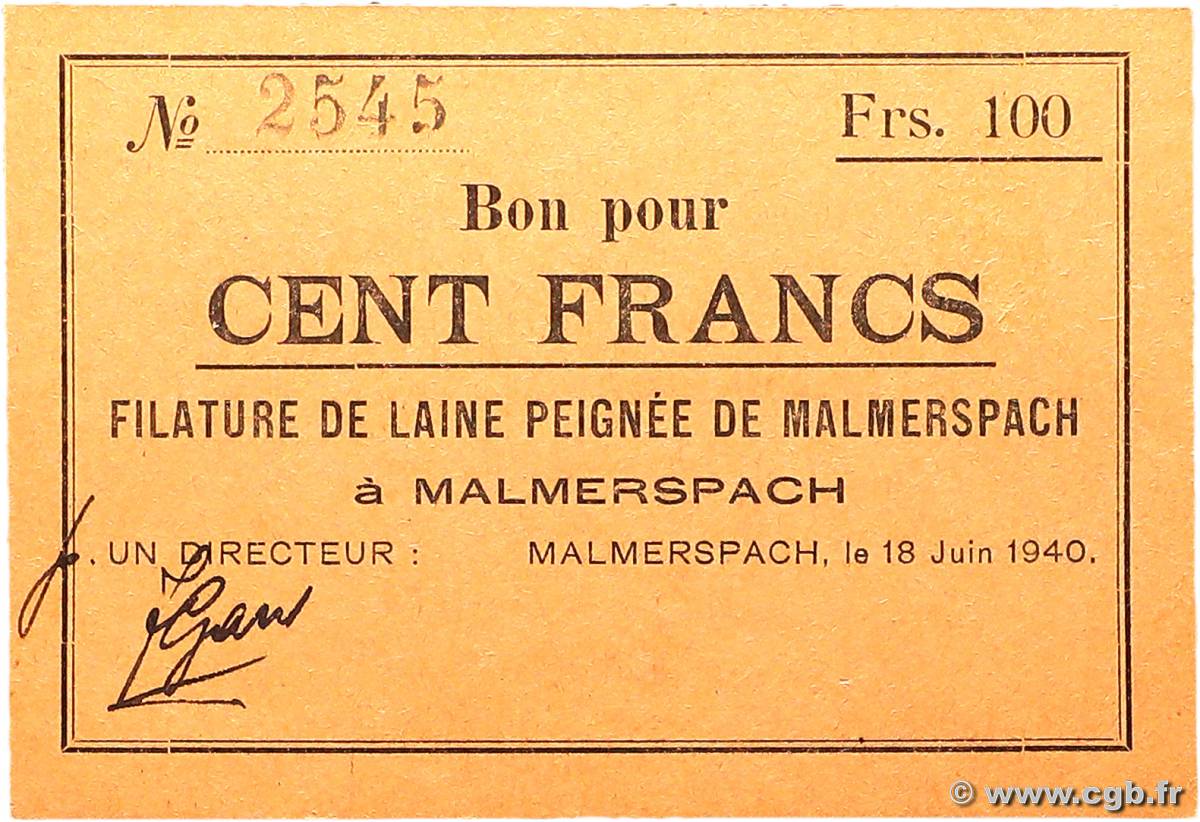 100 Francs FRANCE régionalisme et divers Malmerspach 1940 BU.45.03 SPL