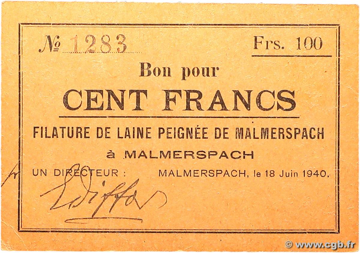 100 Francs FRANCE régionalisme et divers Malmerspach 1940 BU.45.02 SUP