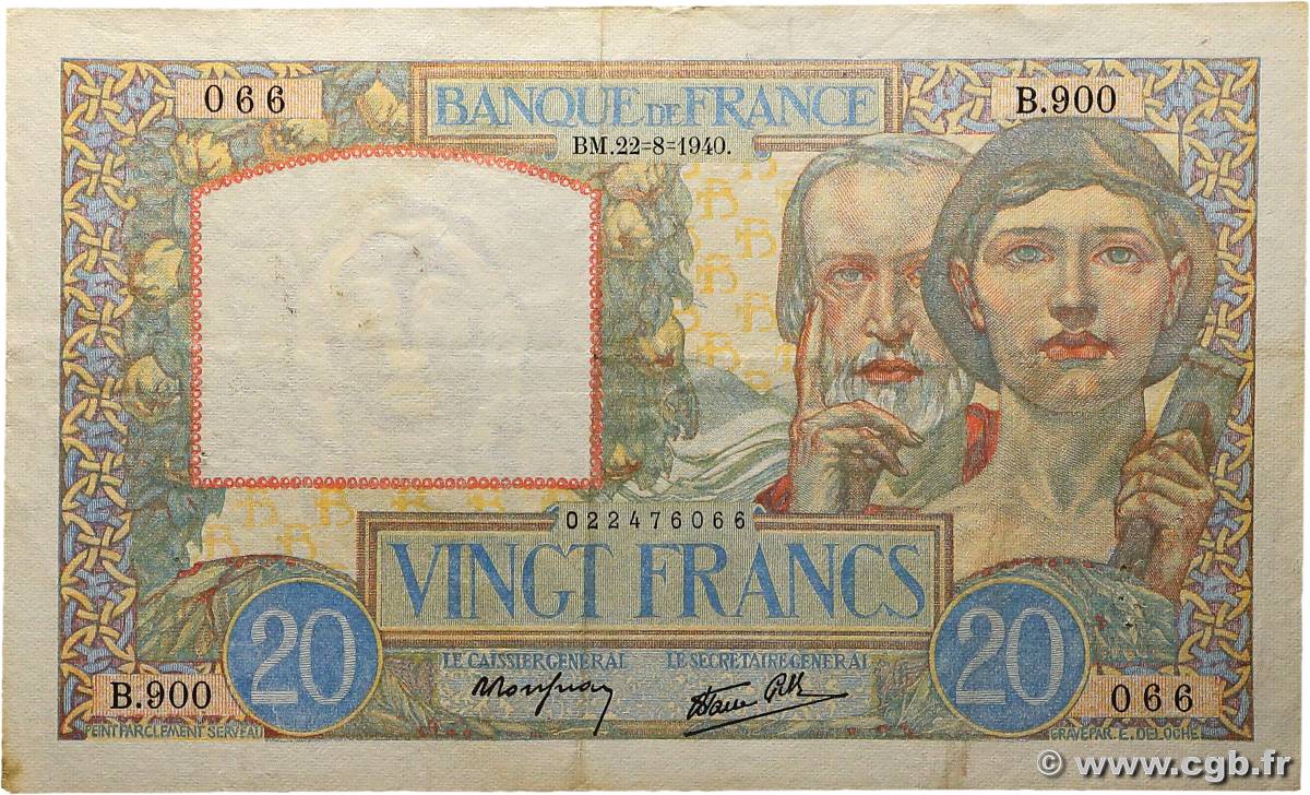 20 Francs TRAVAIL ET SCIENCE FRANKREICH  1940 F.12.06 SS