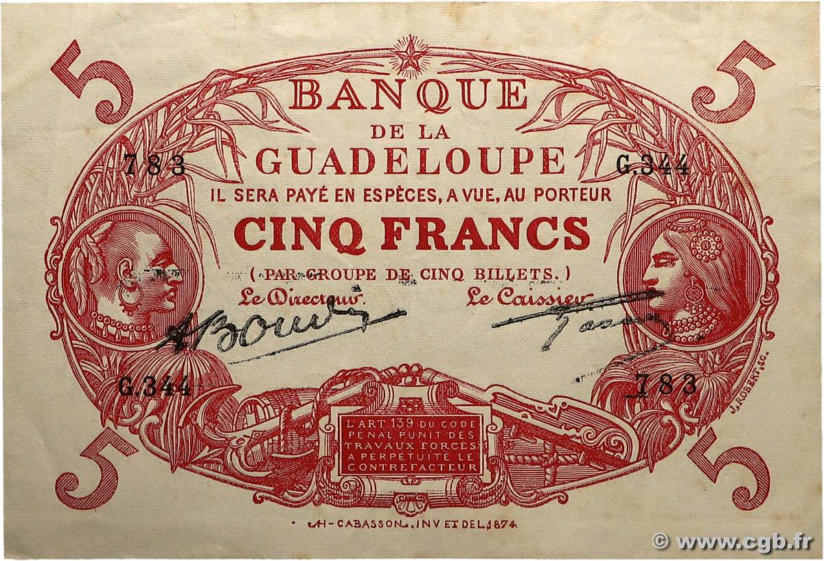 5 Francs Cabasson rouge GUADELOUPE  1945 P.07e TTB+
