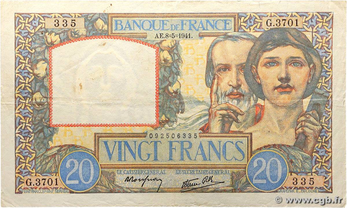 20 Francs TRAVAIL ET SCIENCE FRANCE  1941 F.12.14 TB+