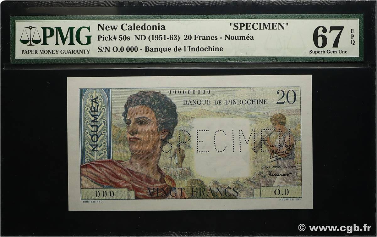 20 Francs Spécimen NOUVELLE CALÉDONIE  1958 P.50as FDC