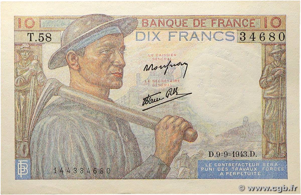 10 Francs MINEUR FRANCE  1943 F.08.09 AU