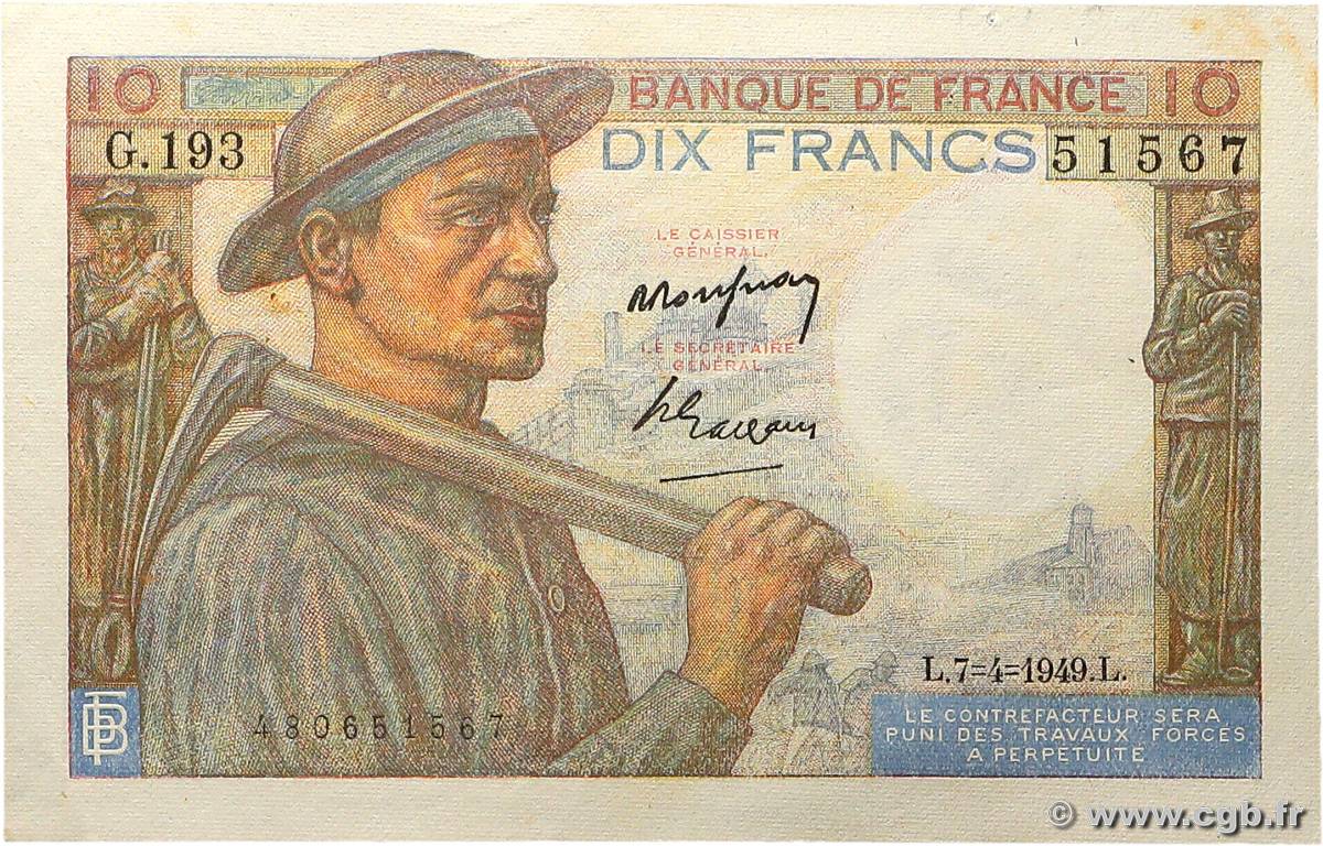 10 Francs MINEUR FRANCE  1949 F.08.21 XF