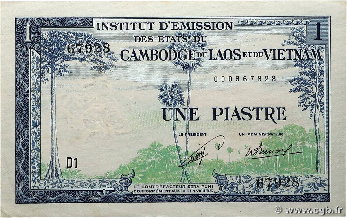 1 Piastre - 1 Kip INDOCHINE FRANÇAISE  1954 P.100 TTB+