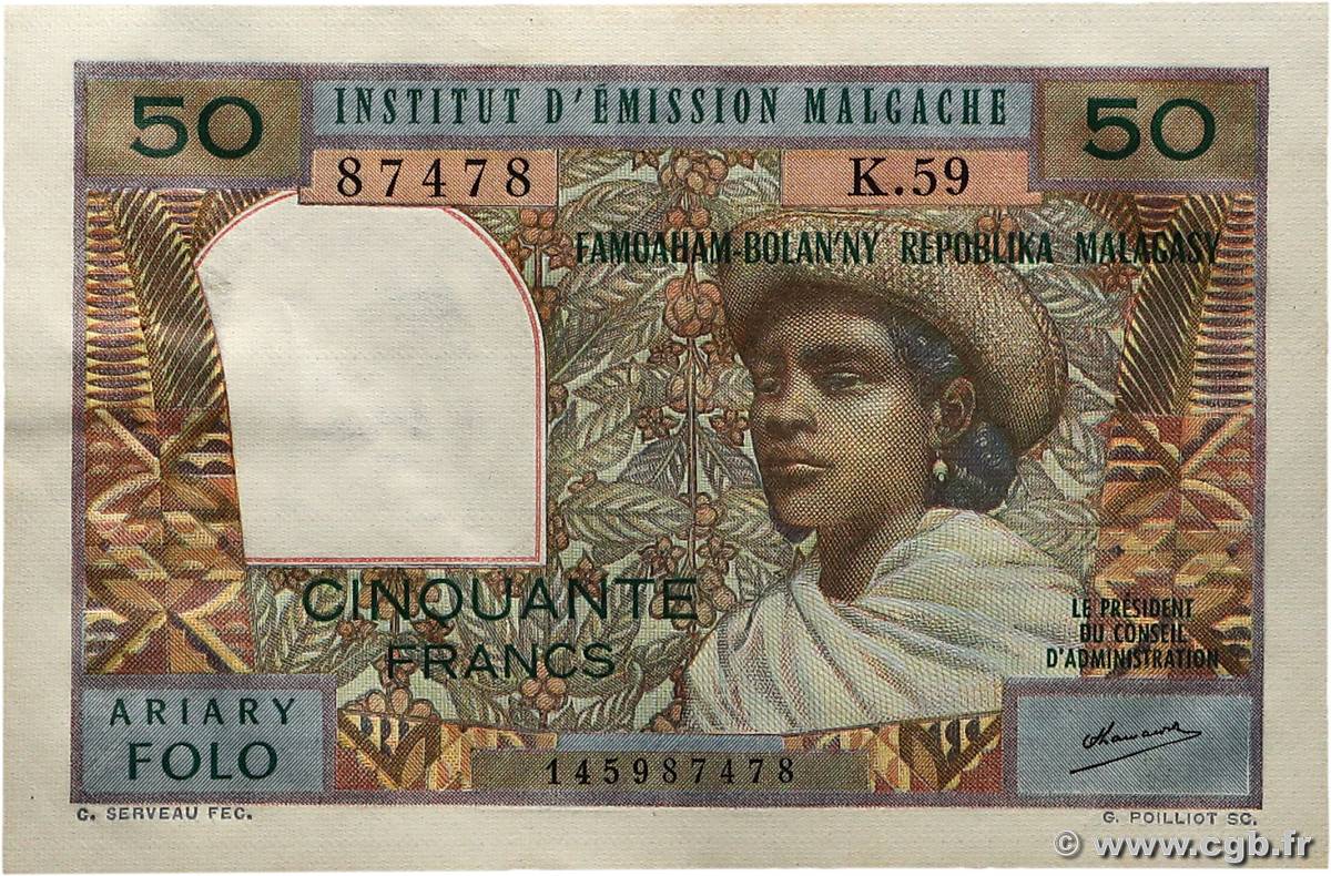 50 Francs - 10 Ariary Numéro radar MADAGASCAR  1969 P.061 pr.SPL