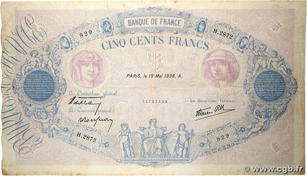 500 Francs BLEU ET ROSE modifié FRANCE  1938 F.31.11 pr.TB