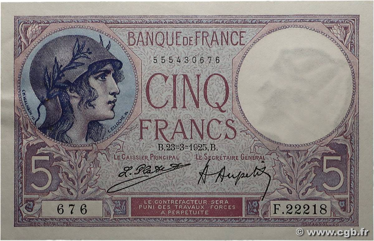 5 Francs FEMME CASQUÉE FRANCE  1925 F.03.09 SPL