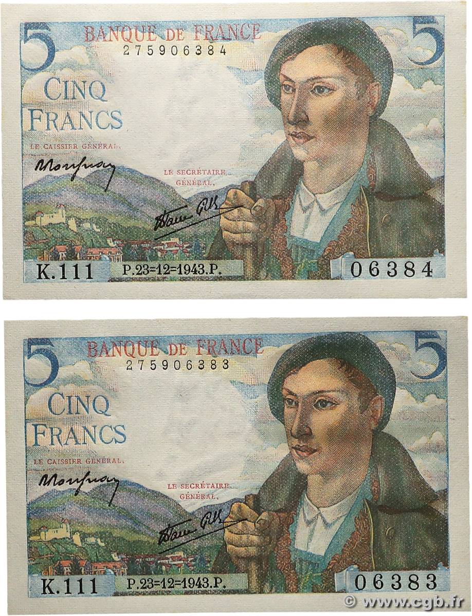 5 Francs BERGER Consécutifs FRANCE  1943 F.05.05 NEUF