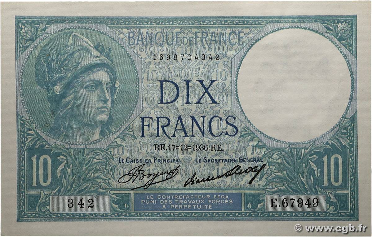 10 Francs MINERVE FRANCE  1936 F.06.17 SPL
